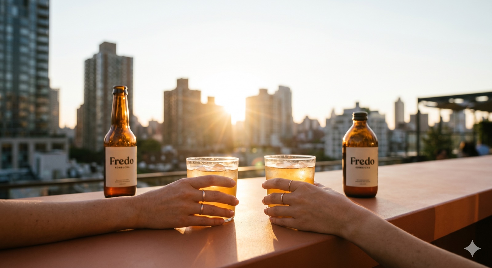 Friends enjoying Fredo Kombucha at urban rooftop during golden hour sunset