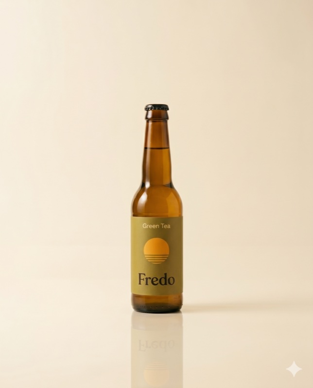 Single Fredo Kombucha bottle on reflective surface