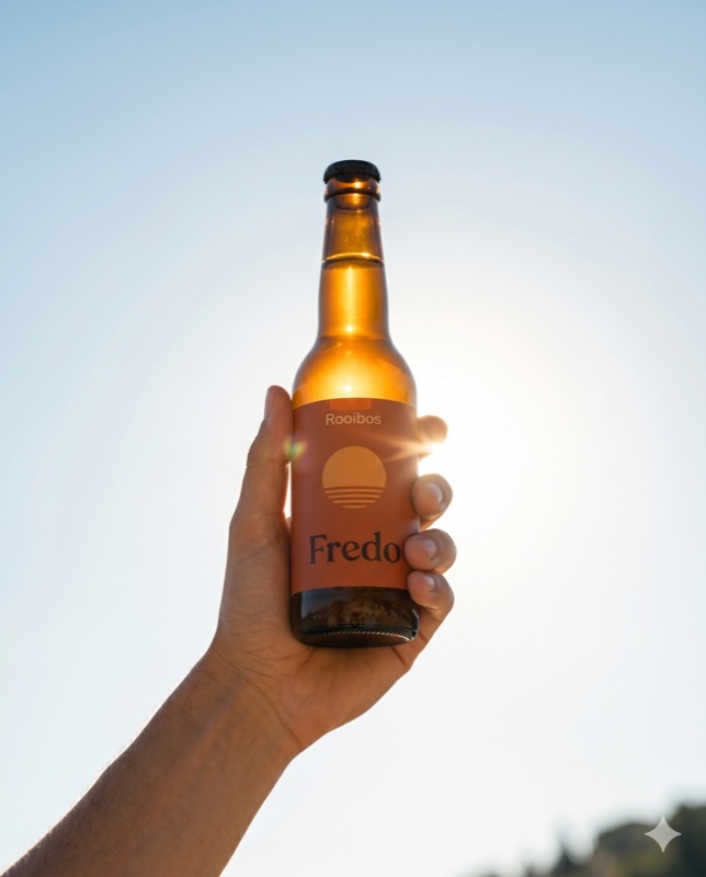 Fredo Kombucha bottle held up against the golden sun