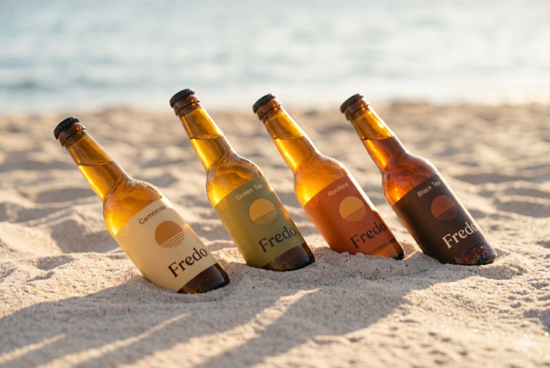 Fredo Kombucha bottles lying in sand on a sunny beach