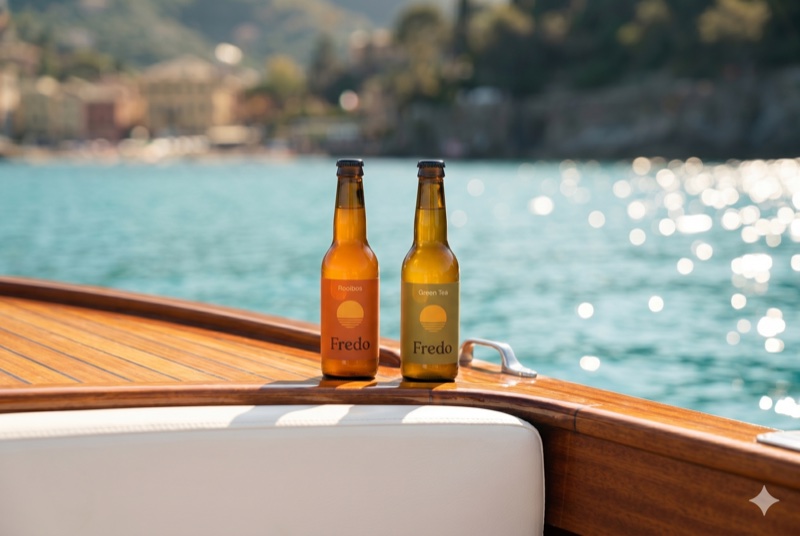 Fredo Kombucha bottles on a boat with Italian riviera backdrop