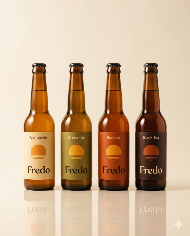 Four Fredo Kombucha bottles standing with elegant reflection