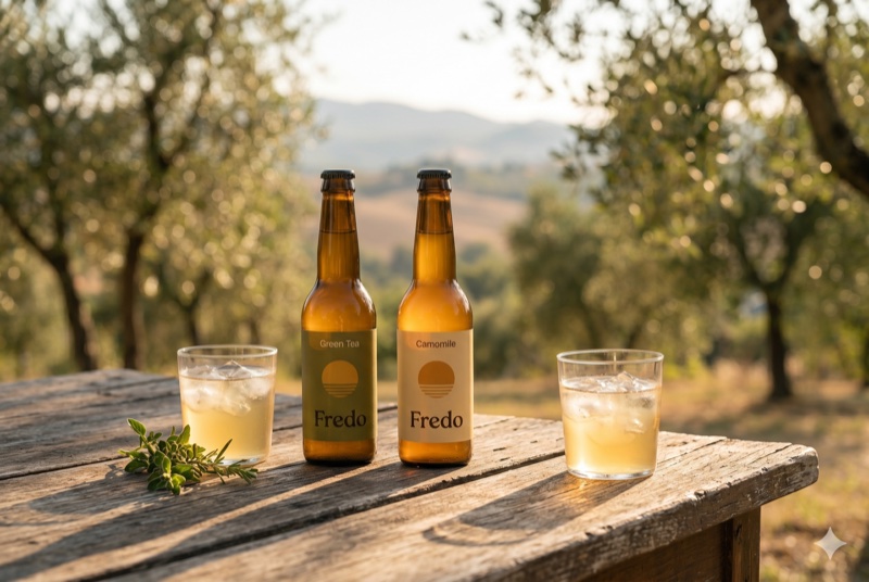 Fredo Kombucha bottles elegantly arranged on a dining table